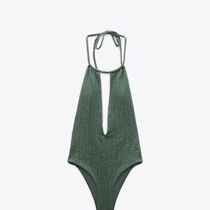 Zara Green Textured Halter Swimsuit